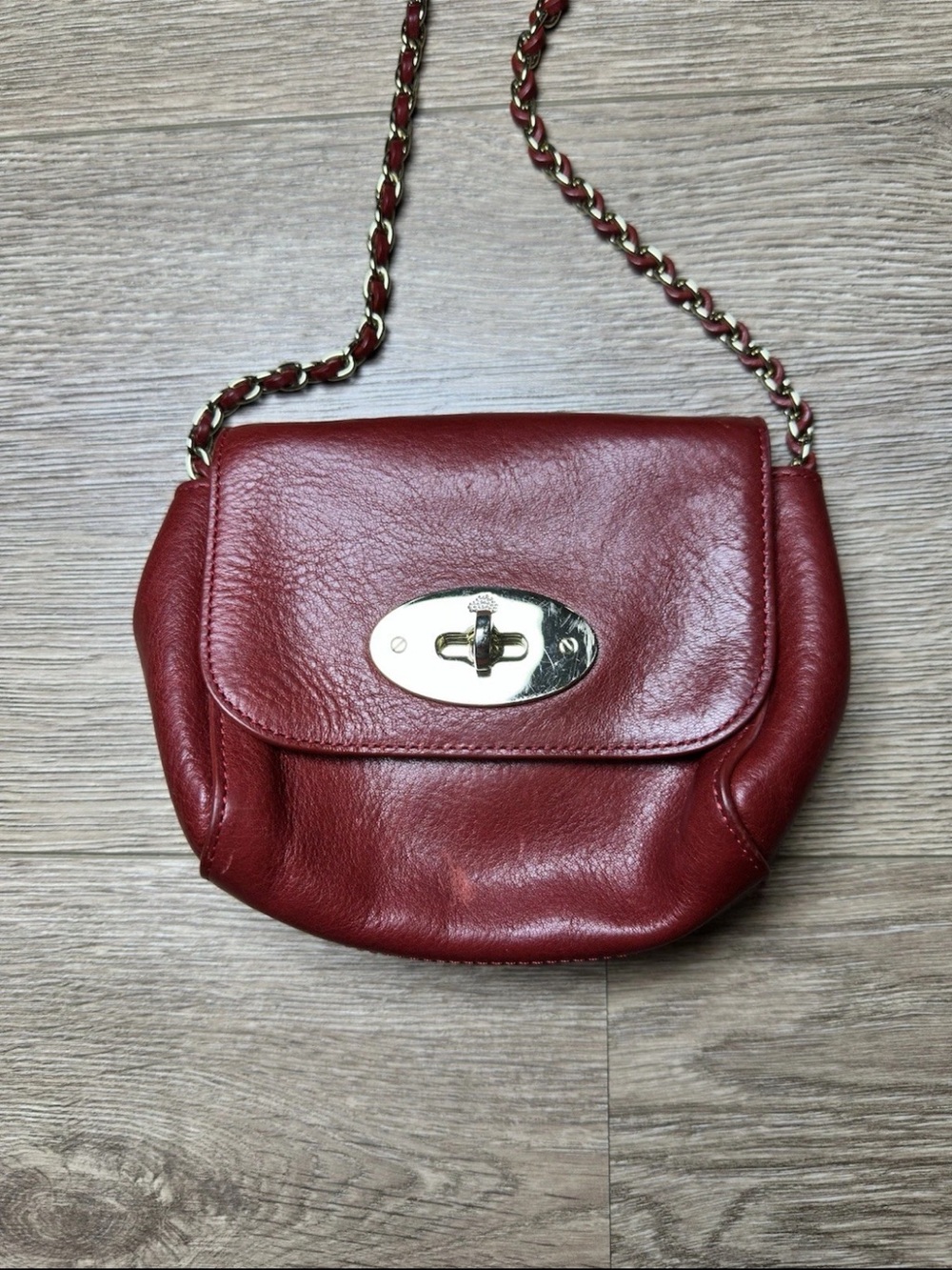 Mulberry Burgundy Leather Crossbody with Gold Chain